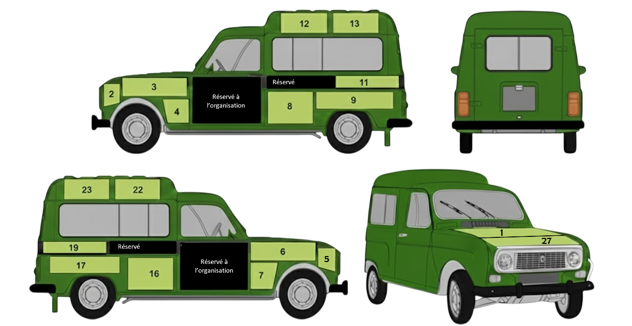 Schéma des emplacements publicitaires sur la 4L